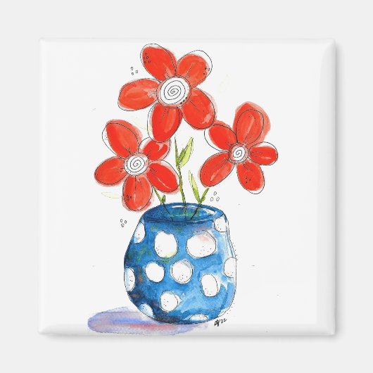 Whimsical Oranje Flowers in Blue Vase Magneet (Voorkant)