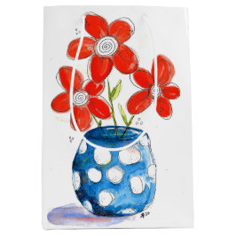 Whimsical Oranje Flowers in Blue Vase Medium Cadeauzakje