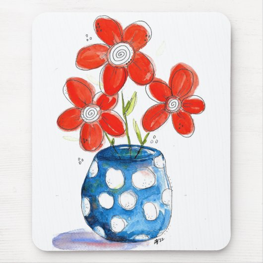 Whimsical Oranje Flowers in Blue Vase Muismat (Voorkant)