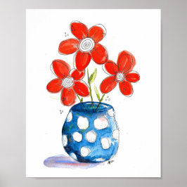 Whimsical Oranje Flowers in Blue Vase Poster