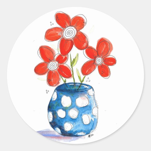 Whimsical Oranje Flowers in Blue Vase Ronde Sticker (Voorkant)