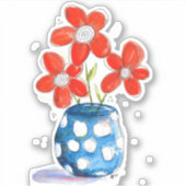 Whimsical Oranje Flowers in Blue Vase Sticker (Voorkant)