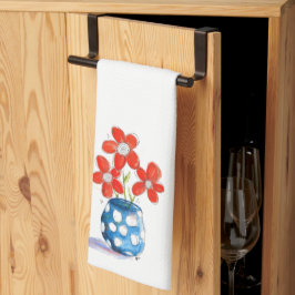 Whimsical Oranje Flowers in Blue Vase Theedoek