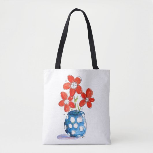 Whimsical Oranje Flowers in Blue Vase Tote Bag (Voorkant)