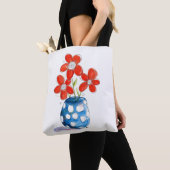 Whimsical Oranje Flowers in Blue Vase Tote Bag (Dichtbij)