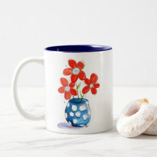 Whimsical Oranje Flowers in Blue Vase Tweekleurige Koffiemok