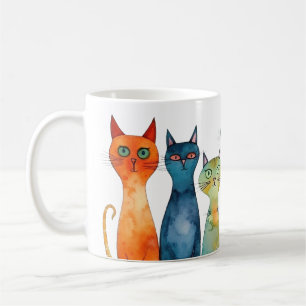Whimsical Oranje Paarse Blauwgroen Waterverf Katte Koffiemok