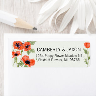 Whimsical Oranje Red Poppy Flowers Waterverf Etiket