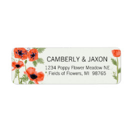 Whimsical Oranje Red Poppy Flowers Waterverf Etiket