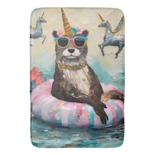 Whimsical Otter en Eenhoorns Drijvend op een rivie Badmat (Voorkant Verticaal)