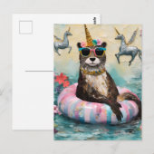 Whimsical Otter en Eenhoorns Drijvend op een rivie Briefkaart (Voorkant / Achterkant)