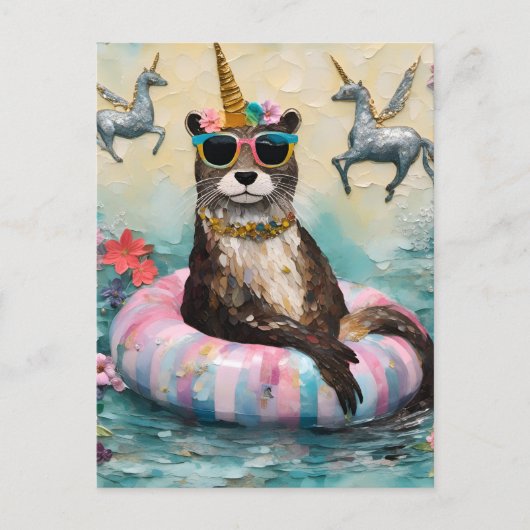 Whimsical Otter en Eenhoorns Drijvend op een rivie Briefkaart (Voorkant)
