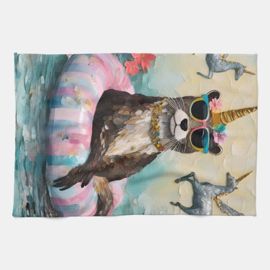 Whimsical Otter en Eenhoorns Drijvend op een rivie Theedoek (Horizontaal)