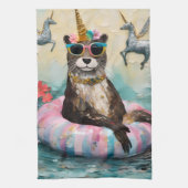 Whimsical Otter en Eenhoorns Drijvend op een rivie Theedoek (Verticaal)