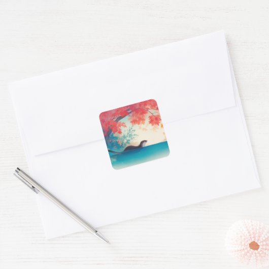 Whimsical Otter Sticker met herfstbladeren (Envelop)