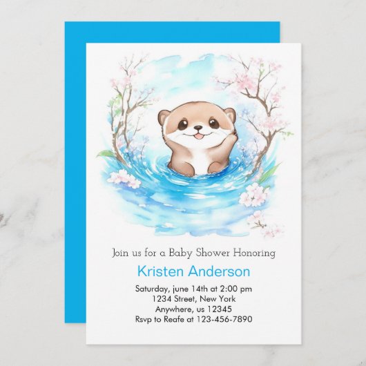 Whimsical Otter's Blue Oasis Boy Baby shower Kaart (Voorkant / Achterkant)