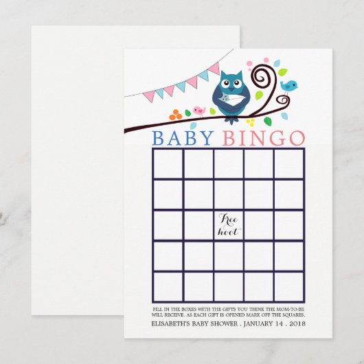 Whimsical Owl Baby shower Bingo Kaart (Voorkant / Achterkant)