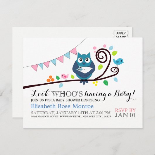 Whimsical Owl Baby shower Invitation Uitnodiging Briefkaart (Voorkant / Achterkant)