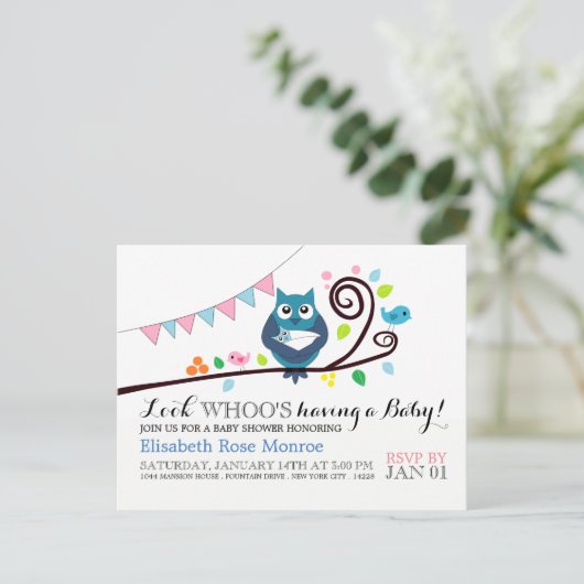Whimsical Owl Baby shower Invitation Uitnodiging Briefkaart (Staand voorkant)
