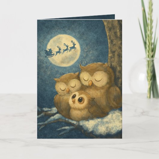 Whimsical Owl Family Christmas Cozy Winter Night Feestdagen Kaart (Voorkant)