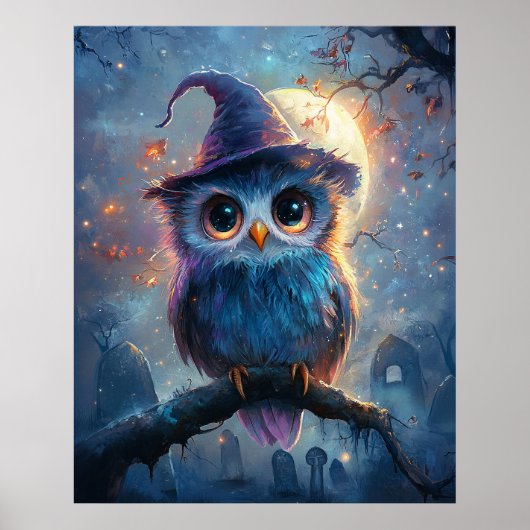 Whimsical Owl in het Pet van de heks met volle maa Poster (Voorkant)
