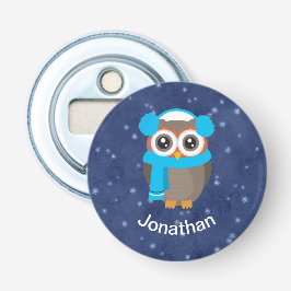 Whimsical Owl met Earmuffs op Snowy Blue Button Flesopener