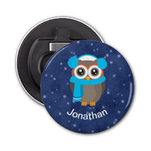 Whimsical Owl met Earmuffs op Snowy Blue Button Flesopener