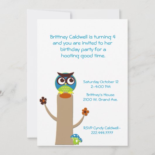Whimsical Owl on a Tree Birthday Party Invitation Kaart (Voorkant)