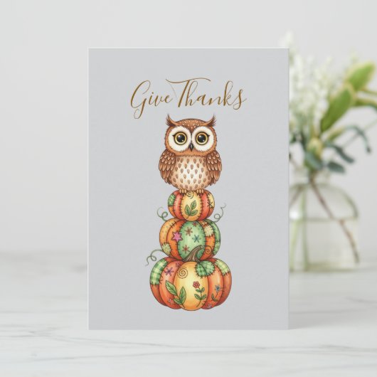 Whimsical Owl & Patchwork Pumpkins Kaart (Staand voorkant)