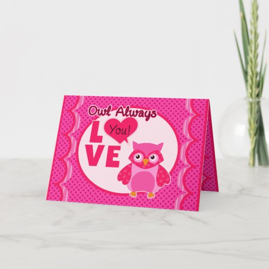 Whimsical Owl, Valentijnsdag Wenskaart, Roze Feestdagen Kaart (Voorkant)