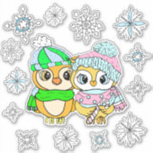Whimsical Owles Couple en Snowflakes Sticker (Voorkant)