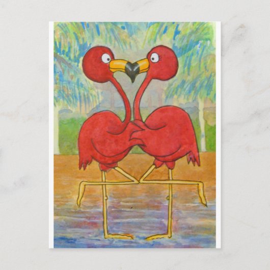 Whimsical Paar Roze Flamingo Tropische Strandvogel Briefkaart (Voorkant)