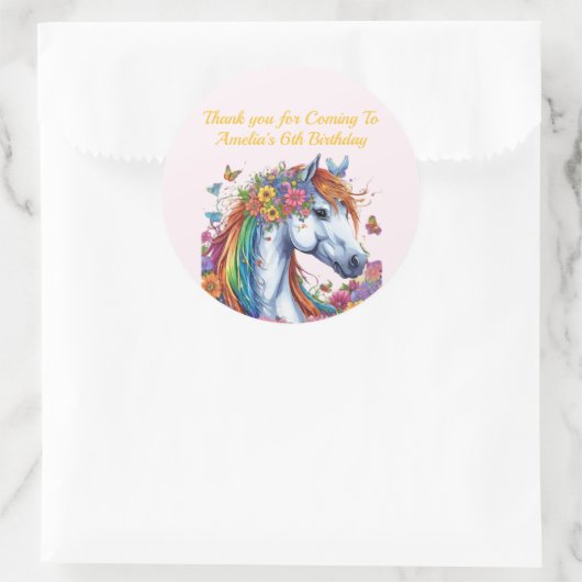 Whimsical Paard Regenboog Bloemen Ruitersport Verj Ronde Sticker (Tas)