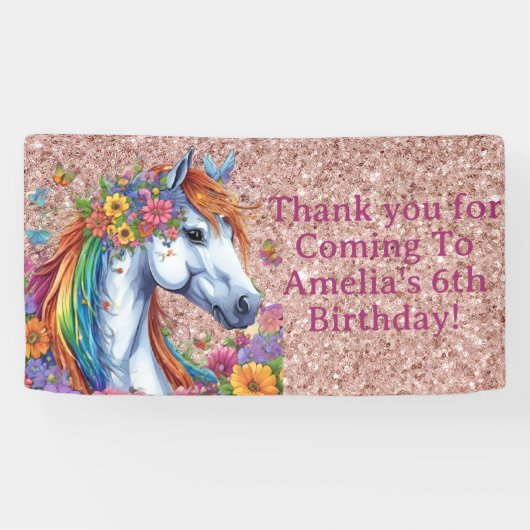 Whimsical Paard Regenboog Bloemen Ruitersport Verj Spandoek (Horizontaal)