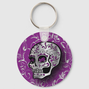 Whimsical Paars and Silver Sugar Skull Sleutelhanger