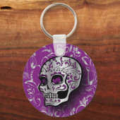 Whimsical Paars and Silver Sugar Skull Sleutelhanger (Voorkant)
