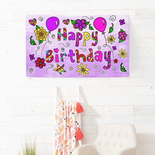 Whimsical Paars en Roze Happy Birthday Girl's Ba Spandoek (Insitu)