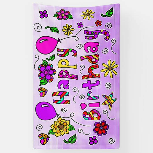 Whimsical Paars en Roze Happy Birthday Girl's Ba Spandoek (Verticaal)