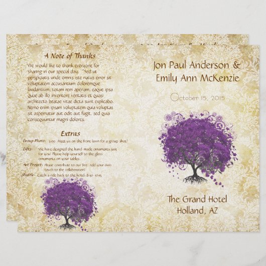 Whimsical Paars Heart Leaf Tree Wedding Programme (Voorkant / Achterkant)