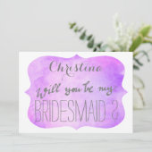 Whimsical Paars Pink Waterverf Bridesmaid Kaart (Staand voorkant)
