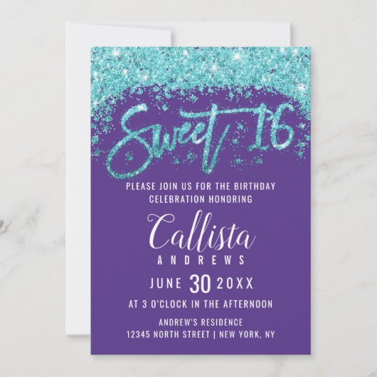 Whimsical Paarse Aqua Blue Glitter Dust Sweet 16 Kaart (Voorkant)