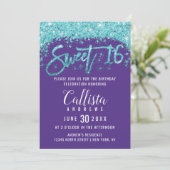 Whimsical Paarse Aqua Blue Glitter Dust Sweet 16 Kaart (Staand voorkant)