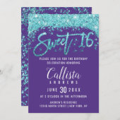 Whimsical Paarse Aqua Blue Glitter Dust Sweet 16 Kaart (Voorkant / Achterkant)