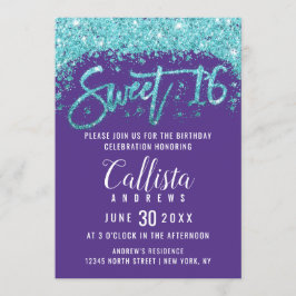 Whimsical Paarse Aqua Blue Glitter Dust Sweet 16 Kaart