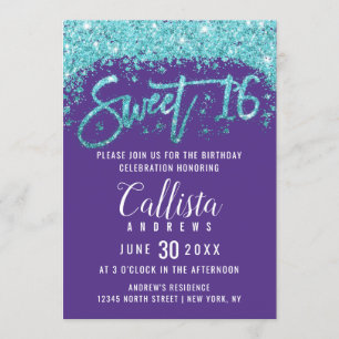 Whimsical Paarse Aqua Blue Glitter Dust Sweet 16 Kaart