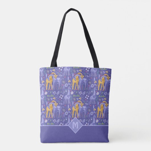 Whimsical Paarse Blauwgroen Gele Giraffes Gift Tote Bag (Achterkant)
