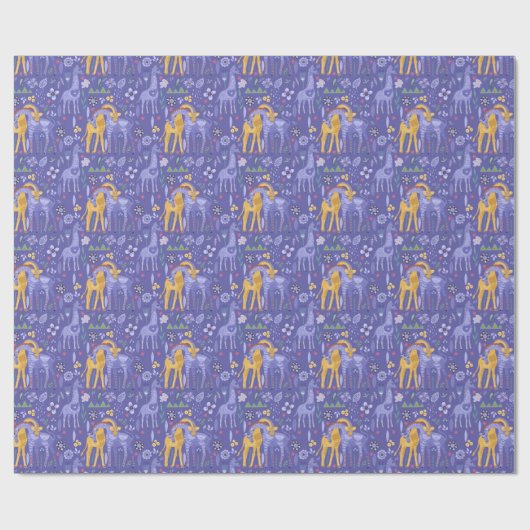 Whimsical Paarse Blauwgroen gele Giraffes Patroon Cadeaupapier (Vlak)