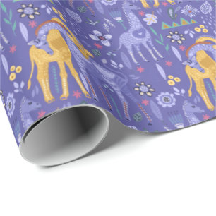 Whimsical Paarse Blauwgroen gele Giraffes Patroon Cadeaupapier