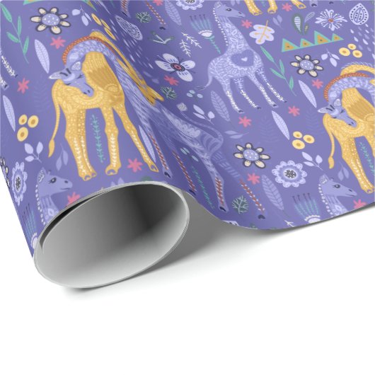 Whimsical Paarse Blauwgroen gele Giraffes Patroon Cadeaupapier (Rol Hoek)