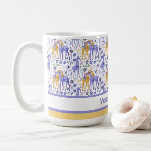 Whimsical Paarse Blauwgroen gele Giraffes Patroon Koffiemok (Met donut)